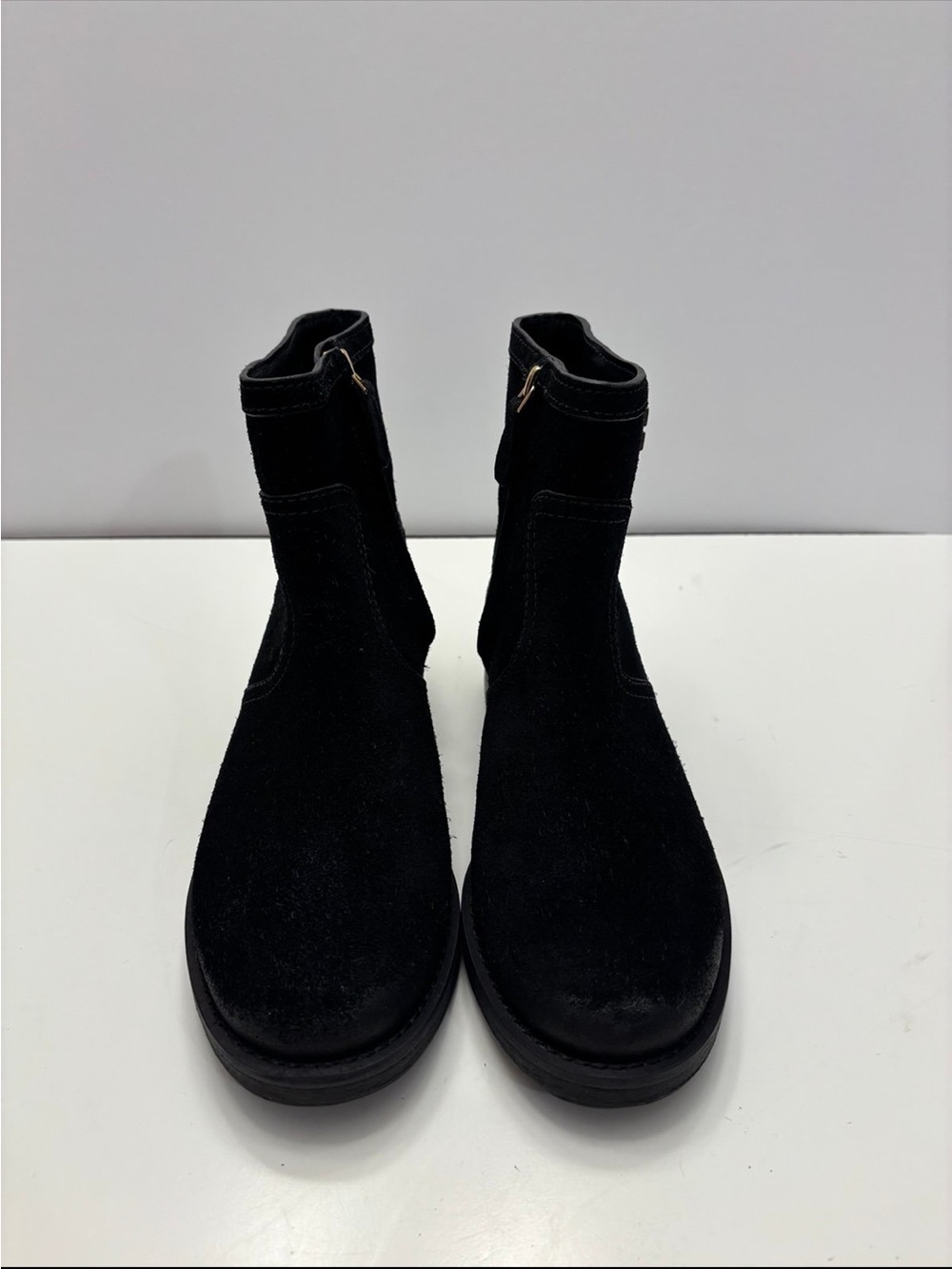 Tory Burch black suede Eloise flat booties with a prominent gold-tone metal logo - Picture 8 of 12